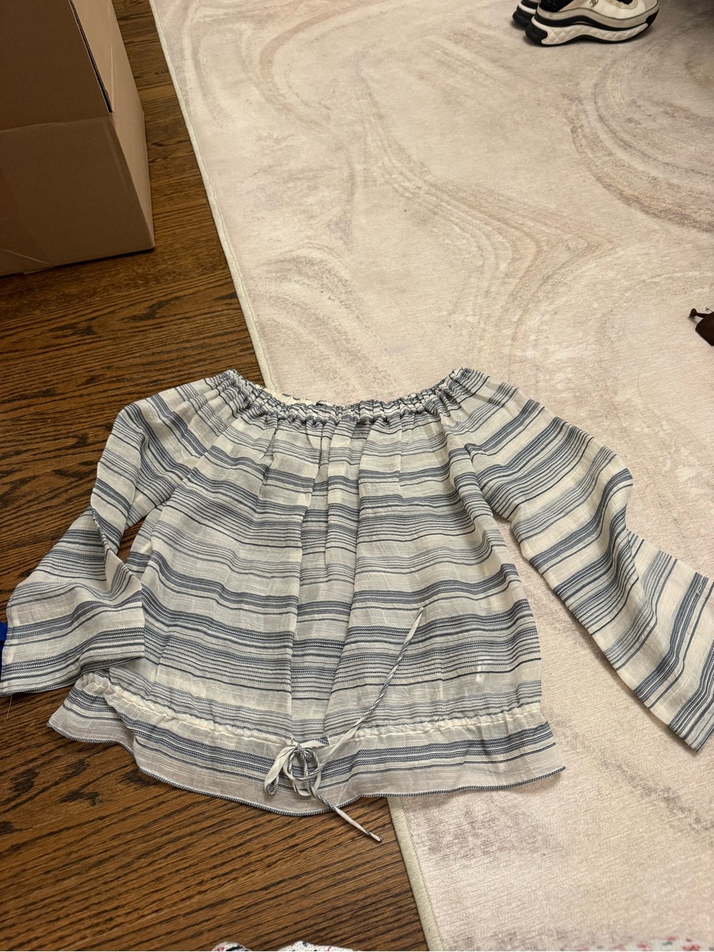 Theory Blue & White Striped Off-Shoulder Blouse